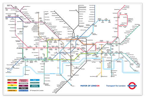 Vinilos Decorativos: Mapa del metro de Londres con Bandas de Rock