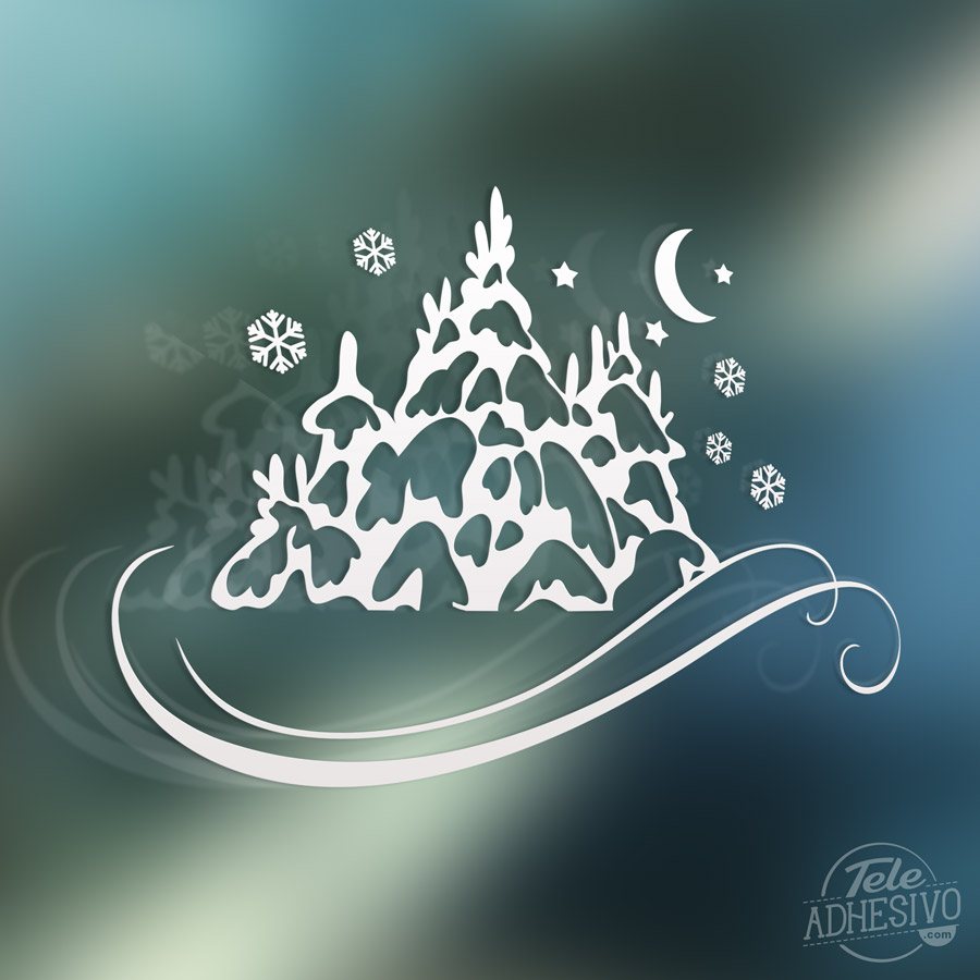 Vinilos Decorativos: Bosque nevado, luna y estrellas