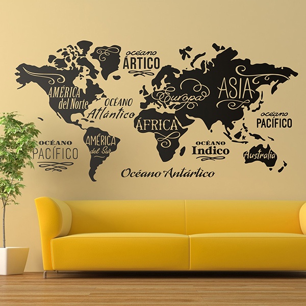 Vinilo decorativo Mapa Mundi Océanos y Continentes en español