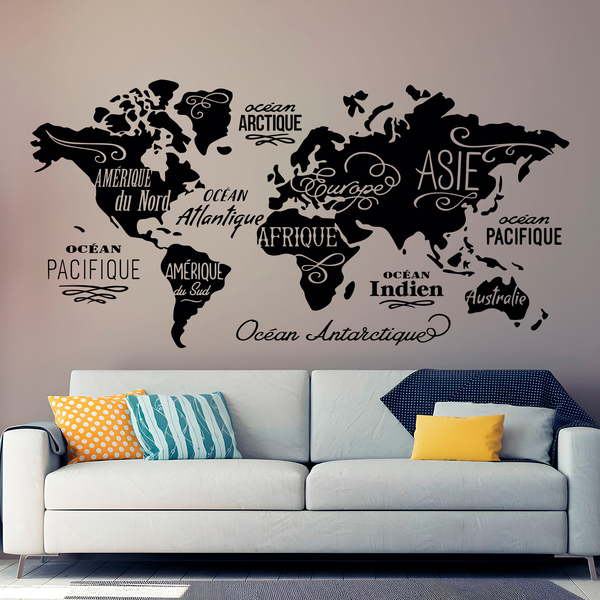 Vinilo adhesivo para pared con nombres de país, diseño de mapa del mundo,  color negro