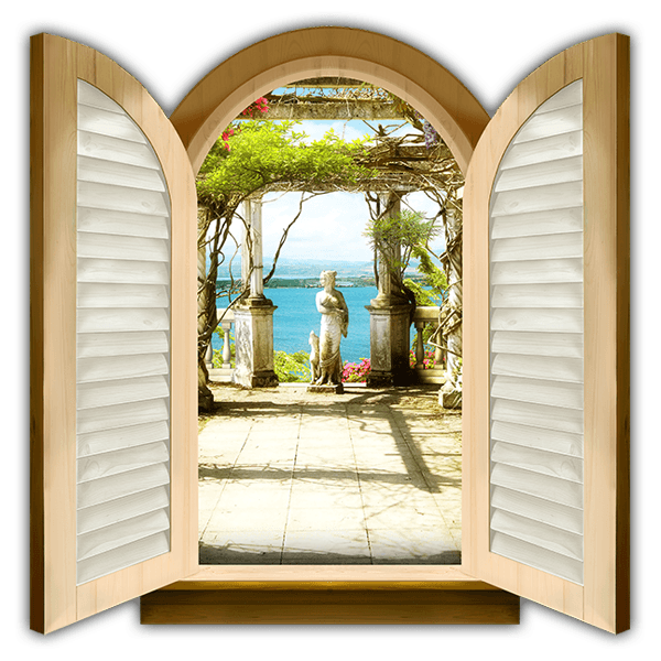 Vinilos Decorativos: Ventana estatua mujer con perro