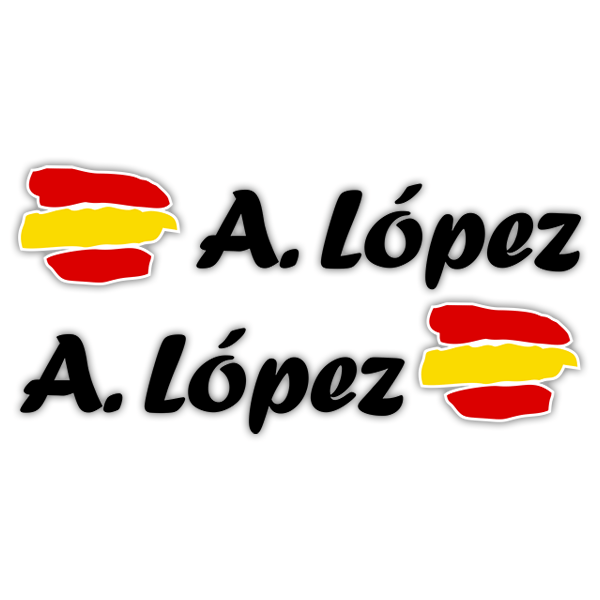 Pegatinas: 2 Banderas España + Nombre caligráfico negro