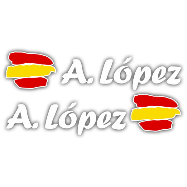 Pegatinas: 2 Banderas España + Nombre caligráfico blanco