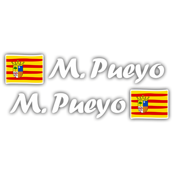 Pegatinas: 2 Banderas Aragón + Nombre caligráfico blanco