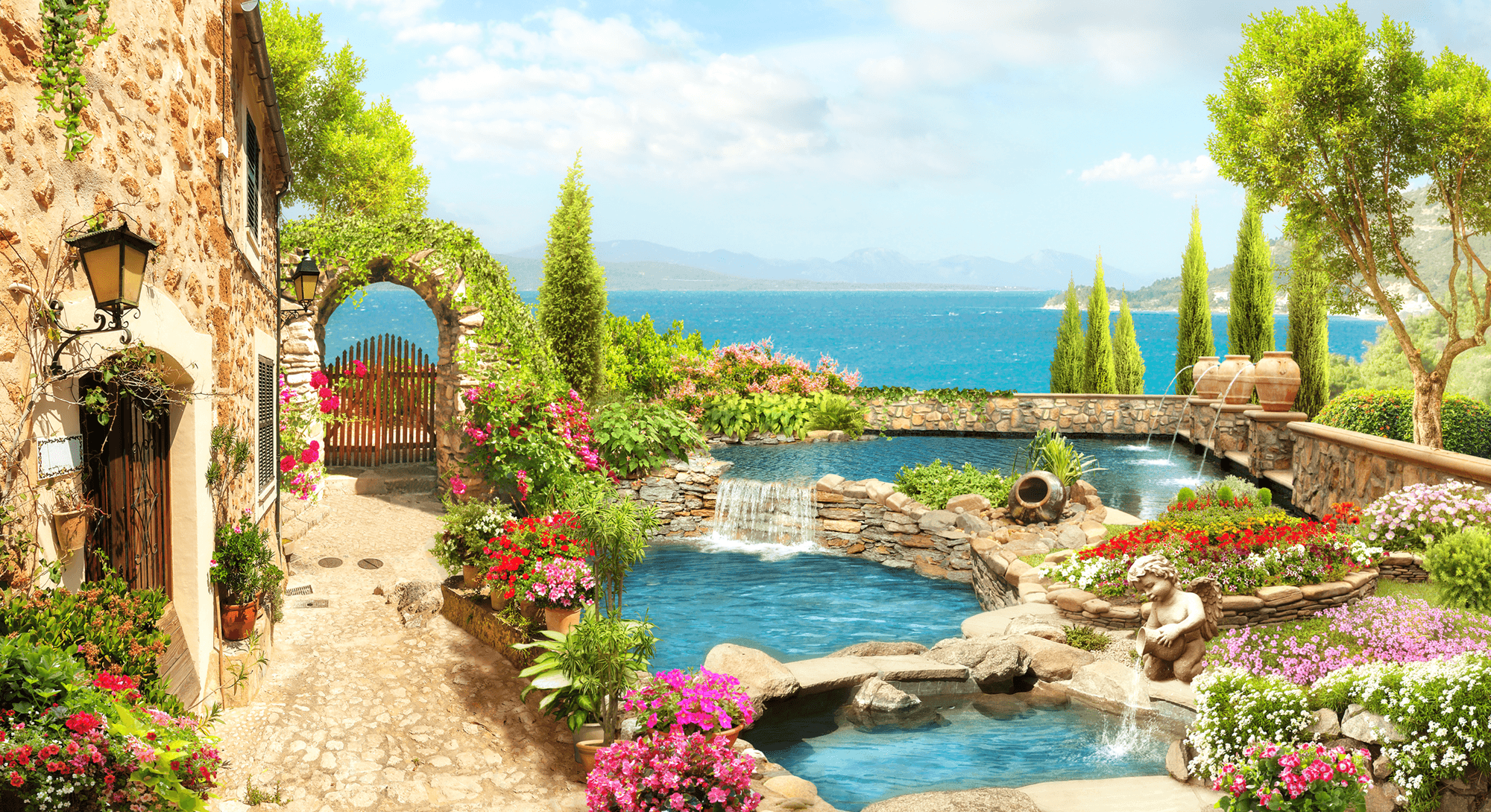 Fotomurales: Jardín de fuentes junto al mar