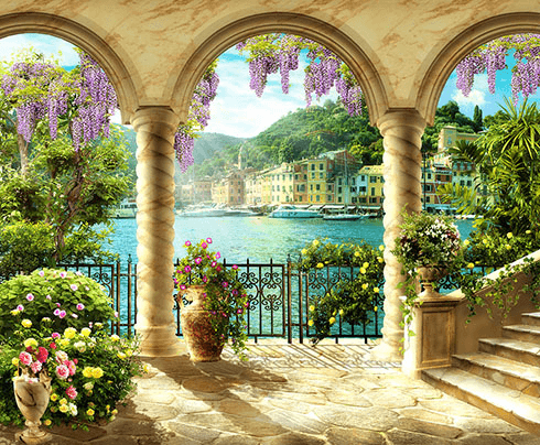 Fotomurales: Patio de columnas junto al lago