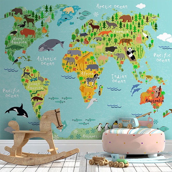 Vinilo mapamundi infantil animales y continentes