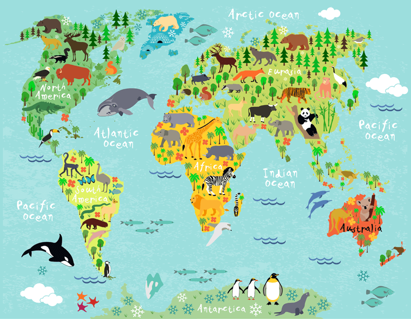 Fotomurales: Mapamundi infantil continentes y animales