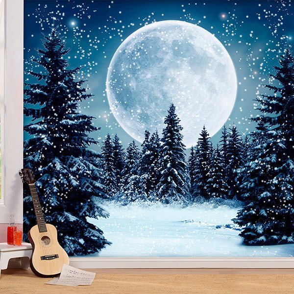 Fotomurales: Luna sobre bosque nevado