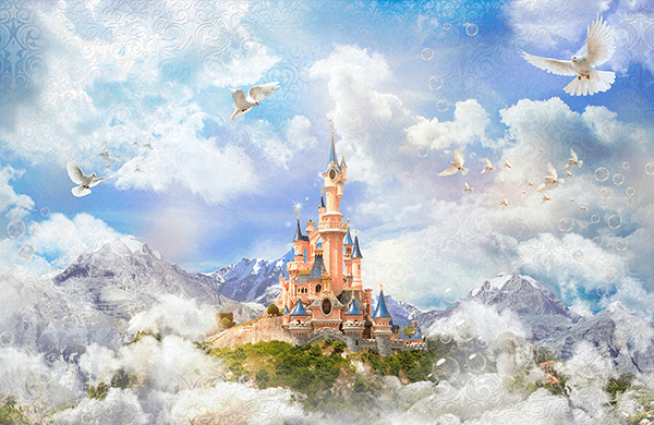 Fotomurales: Castillo Disney entre niebla y montañas