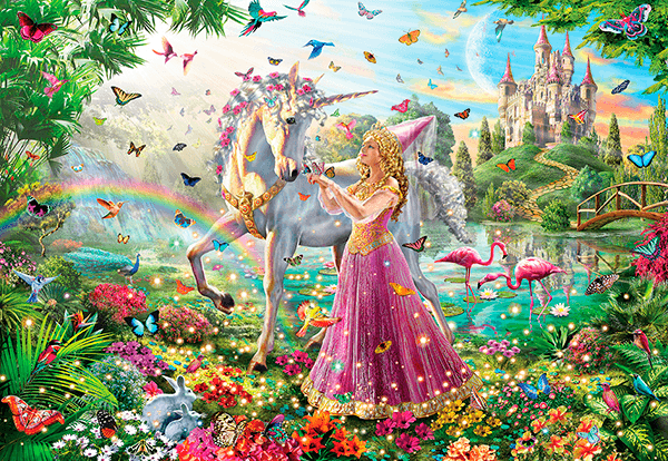 Fotomurales: Princesa y unicornio en jardín mágico