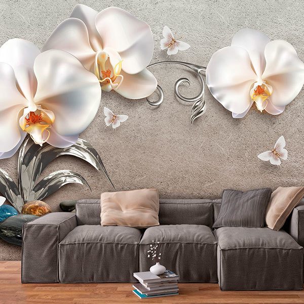 Fotomurales: Orquídeas blancas y mariposas 0