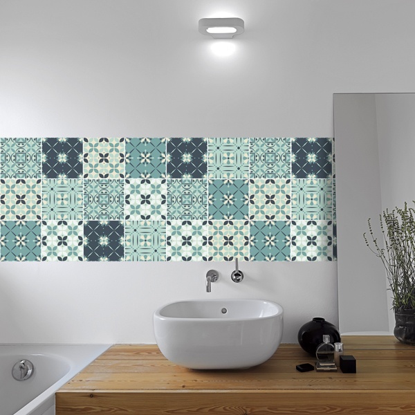 Kit 48 azulejos adhesivos verdosos para baño