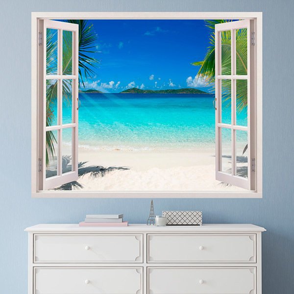 Vinilo ventana paisaje a playa caribeña - TenVinilo