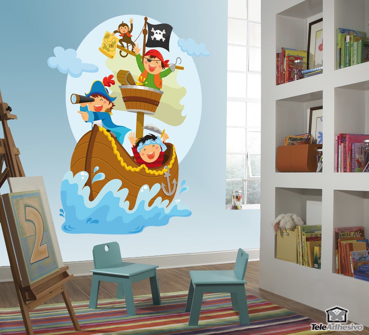 Un vinilo adhesivo infantil con una imagen de piratas, ideal para la decoración de interiores.