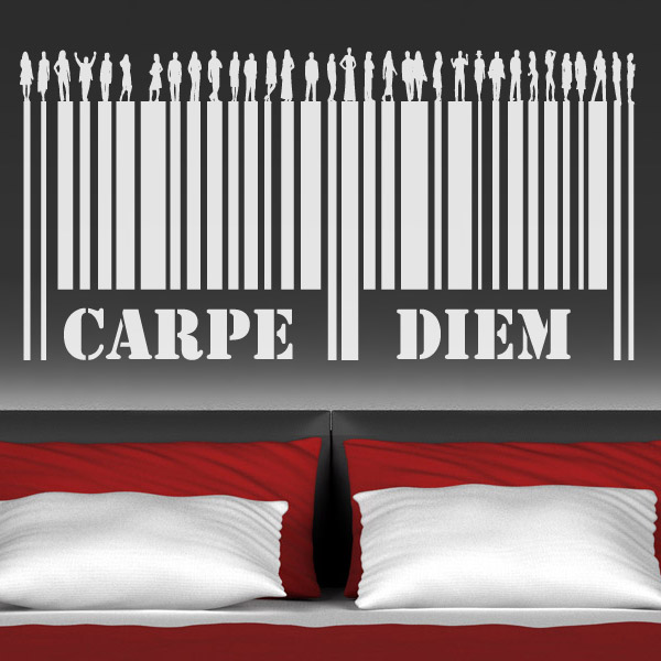 Vinilo adhesivo con el término latino "Carpe Diem". Sirve de ejemplo de los cabeceros de cama originales que pueden tener los dormitorios.