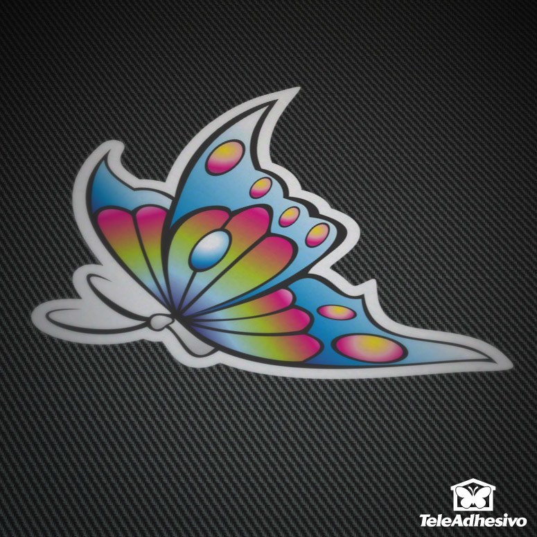 Pon mariposas en tu decoración, por ejemplo con este vinilo con esta pegatina para el coche que muestra una mariposa multicolor.
