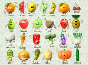Vinilo adhesivo con la imagen de frutas y verduras, una de las ideas sobre como decorar una guardería.