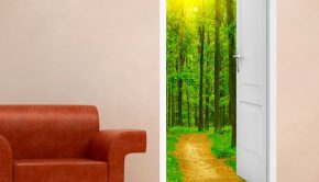 vinilo decorativo de una puerta que lleva a un frondoso bosque