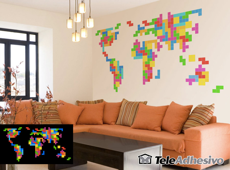 Diseño vinilo con piezas de Tetris: mapa del mundo