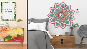 Ejemplos de decoración con vinilos adhesivos con motivos de color. Restauración de mueble y mandala en un dormitorio.