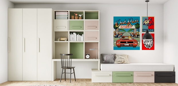 Habitación decorada con póster estilo años 90