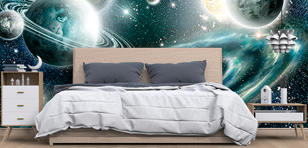 Habitación decorada con un fotomural de la galaxia