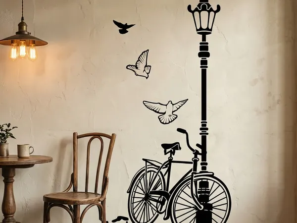 Vinilo decorativo de bicicleta, farola y palomas en una pared