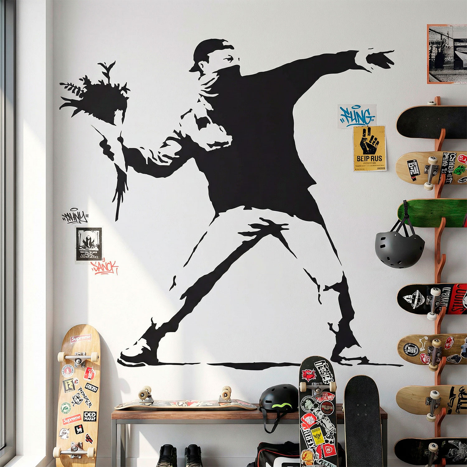 Vinilos Decorativos: Protesta lanzando flores de Banksy