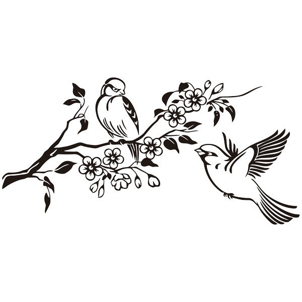 Vinilos Decorativos: Pareja de pájaros sobre rama y flores