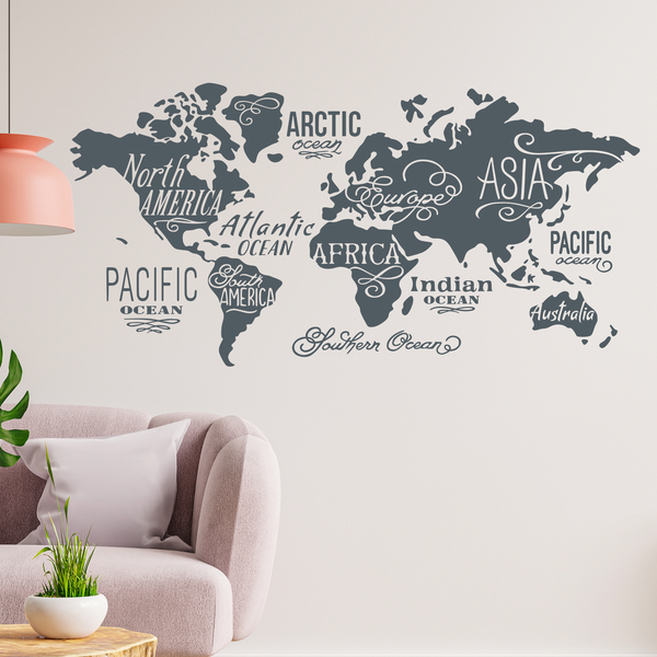 Vinilos Decorativos: Mapa Mundi Océanos y Continentes en inglés