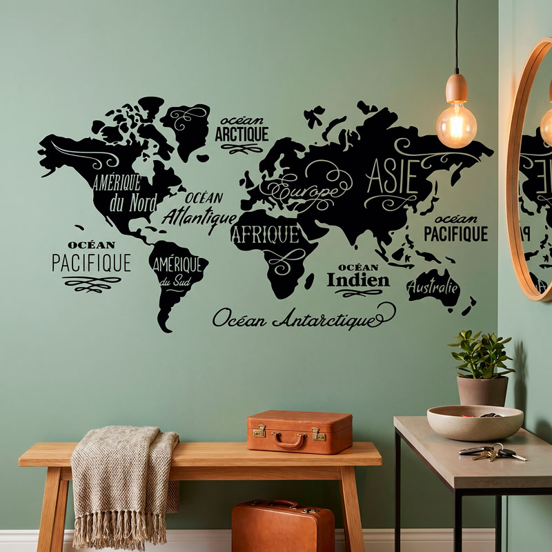 Mapa Mundi Oc&eacute;anos y Continentes en franc&eacute;s 6/7