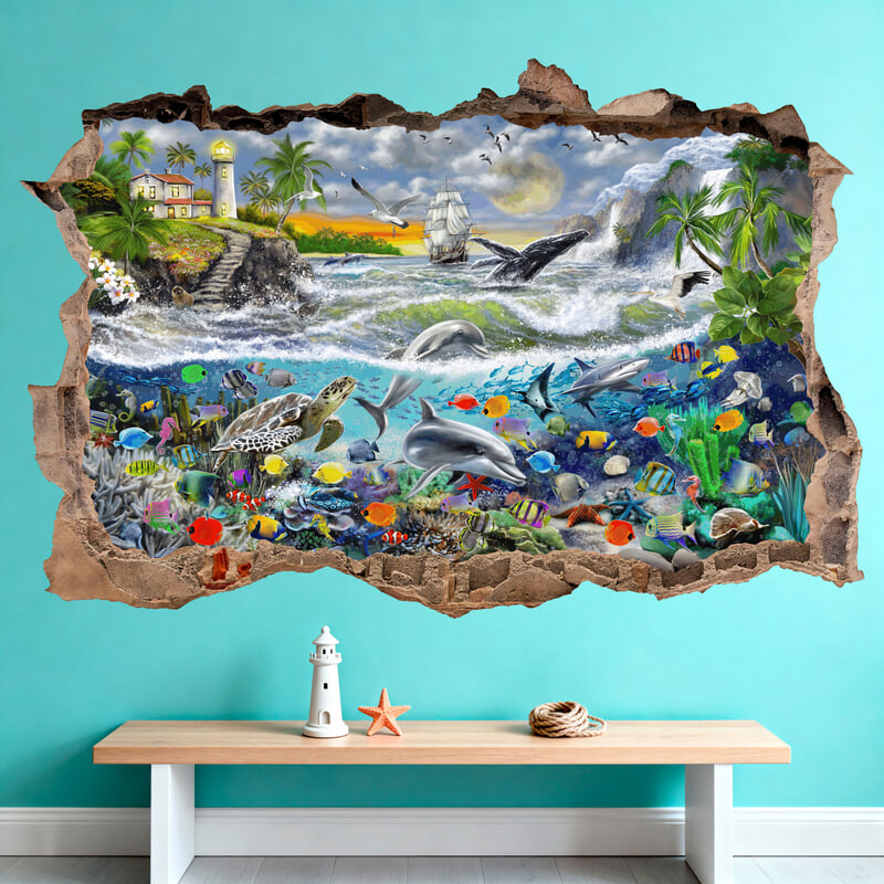 Vinilos Decorativos: Agujero de pared Faro y Mundo Marino