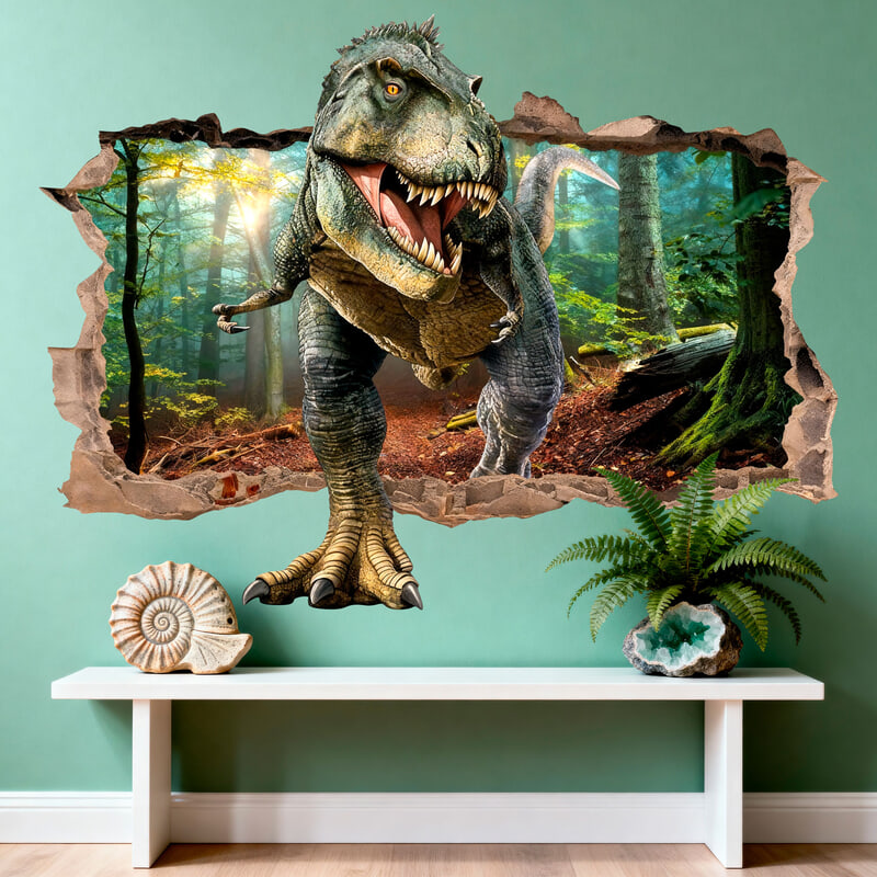 Vinilos Infantiles: Agujero de pared Dinosaurio T-Rex en el Bosque Jur
