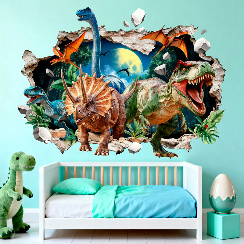 Vinilos Infantiles: Agujero de pared Dinosaurios T-Rex Triceratops y P
