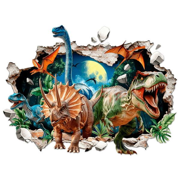 Vinilos Infantiles: Agujero de pared Dinosaurios T-Rex Triceratops y P