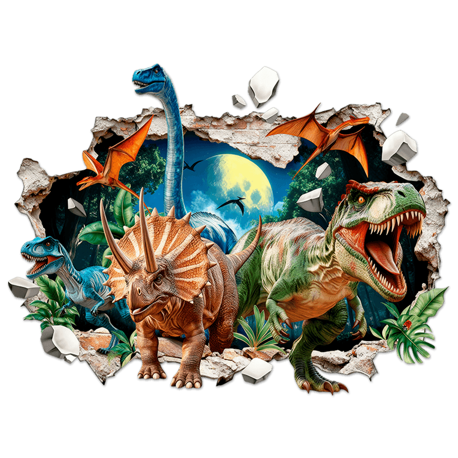Vinilos Infantiles: Agujero de pared Dinosaurios T-Rex Triceratops y P