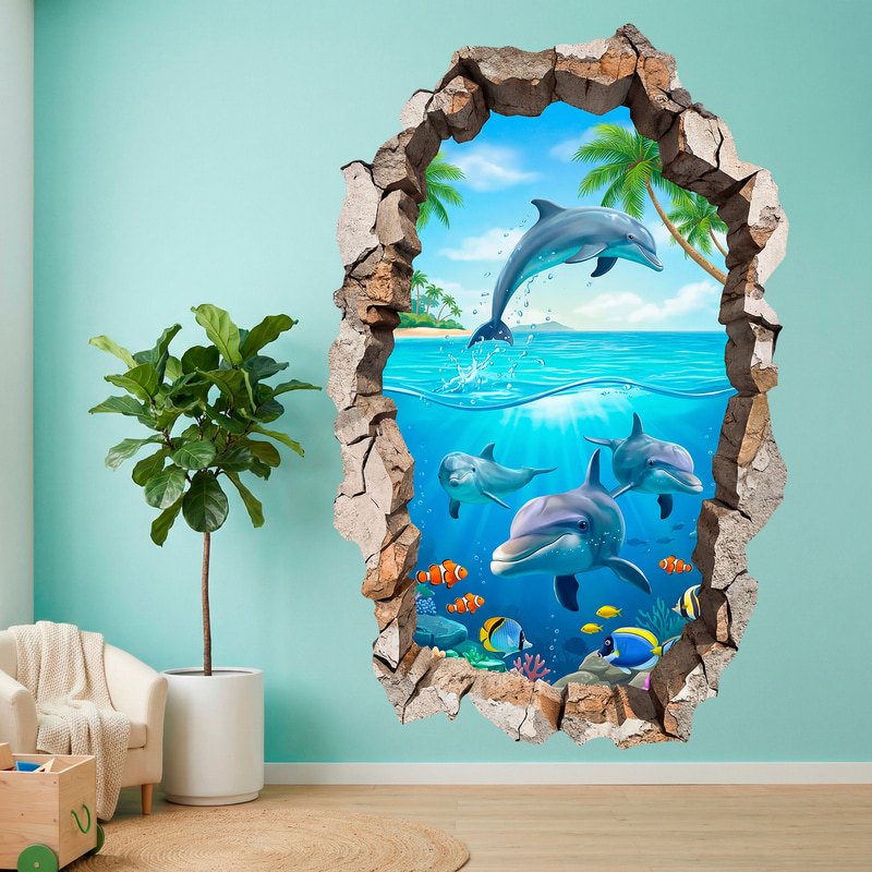 Vinilos Decorativos: Agujero de Muro Delfines Tropicales