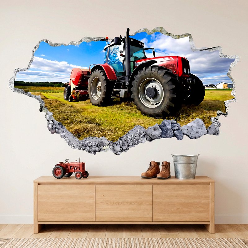 Vinilos Decorativos: Agujero de Muro Tractor Rojo en el Campo
