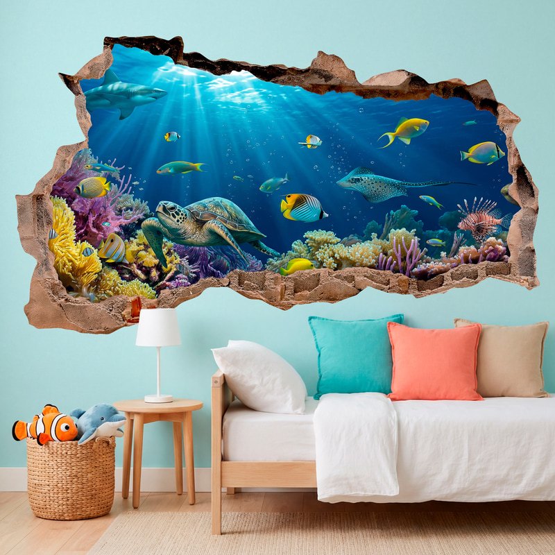 Vinilos Decorativos: Agujero de Muro Mundo Submarino con Tortuga y Arre
