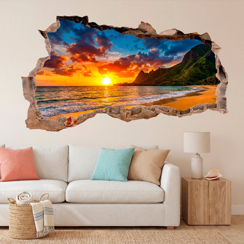 Vinilos Decorativos: Agujero de Muro Atardecer en Playa Tropical