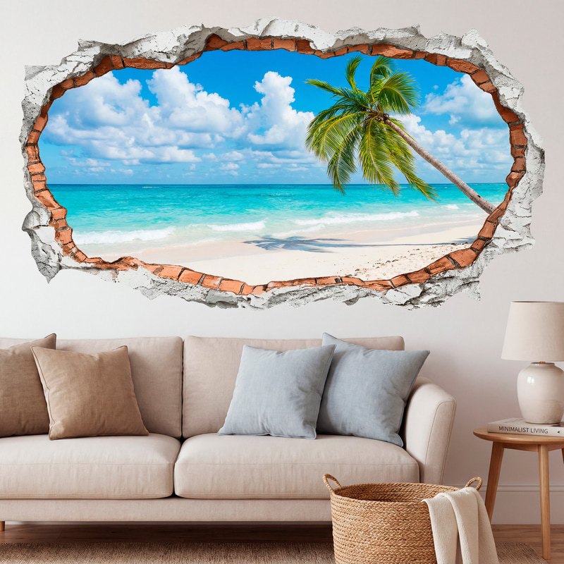 Vinilos Decorativos: Agujero de Muro Playa Tropical con Palmera Solitar