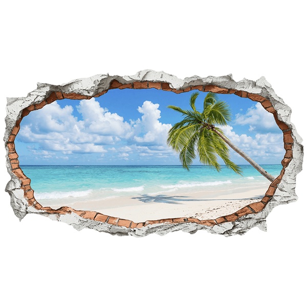 Vinilos Decorativos: Agujero de Muro Playa Tropical con Palmera Solitar