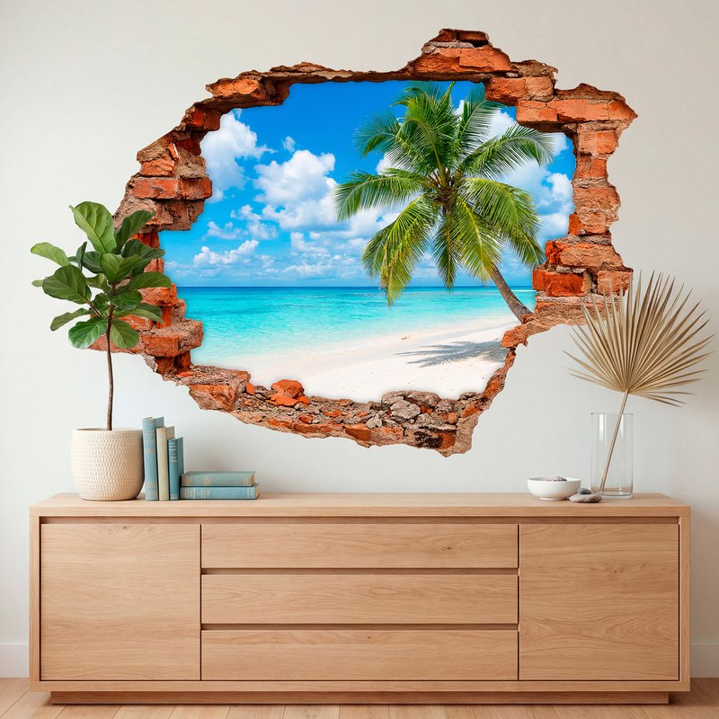 Vinilos Decorativos: Agujero de Muro Playa Tropical con Palmera en Prim