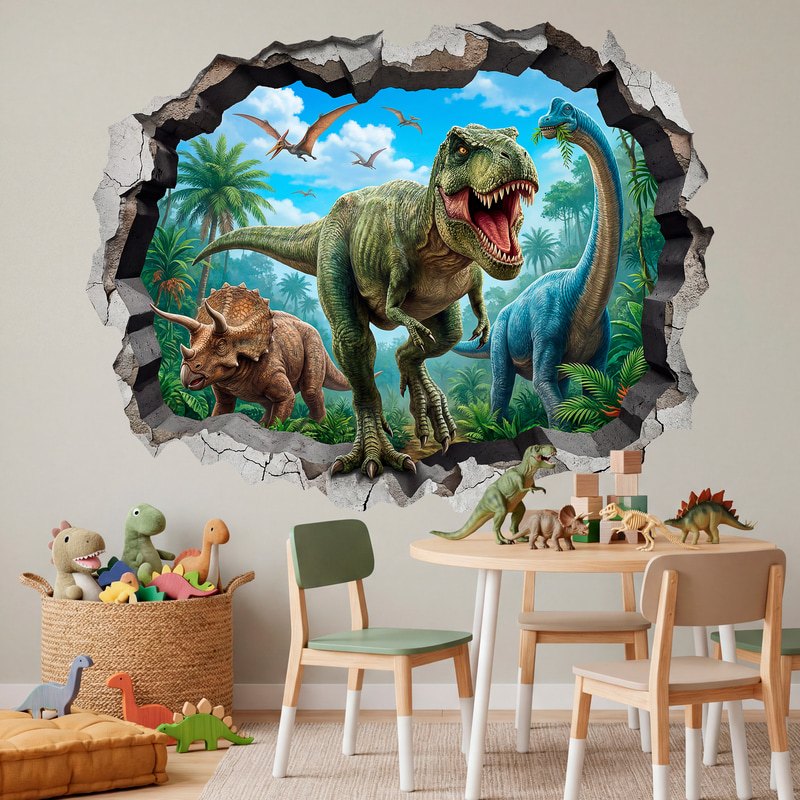 Vinilos Infantiles: Agujero de Muro T-Rex, Triceratops y Brachiosaurio