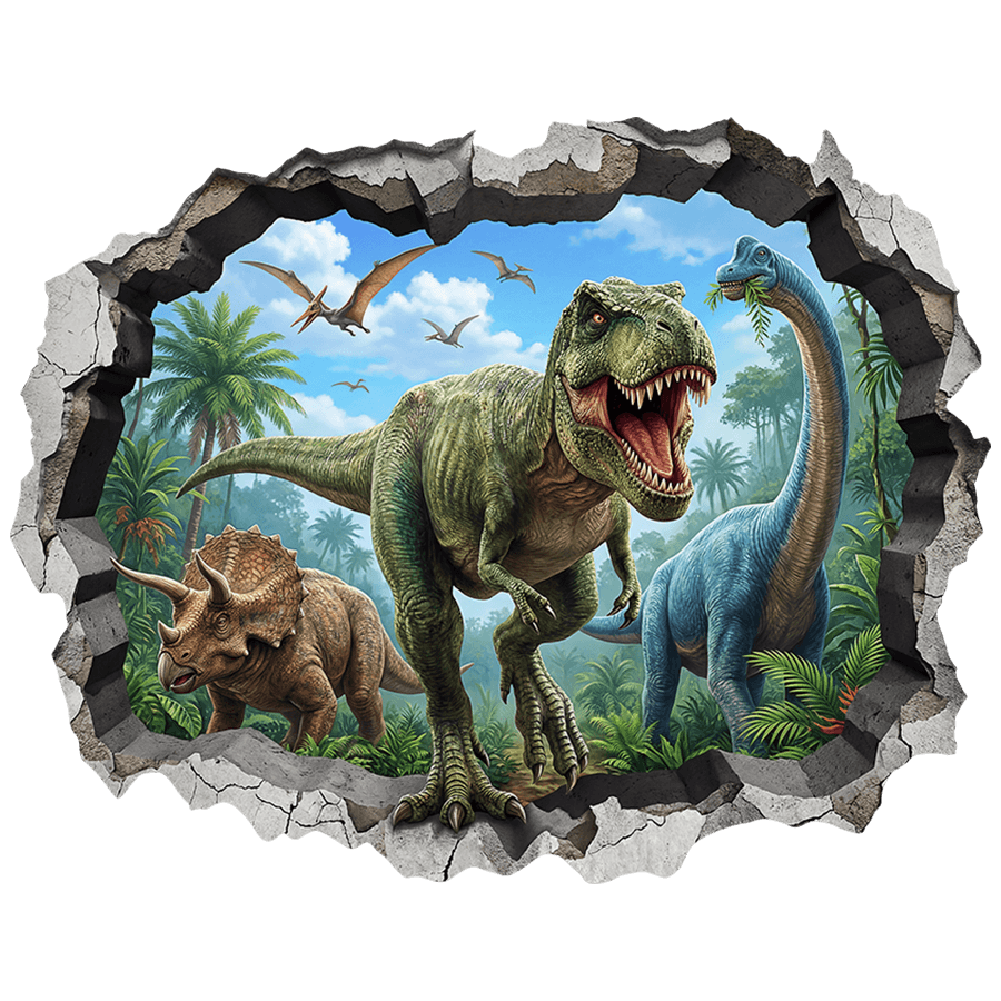 Vinilos Infantiles: Agujero de Muro T-Rex, Triceratops y Brachiosaurio