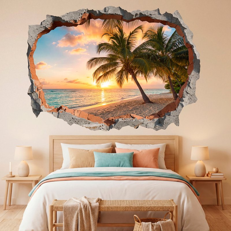 Vinilos Decorativos: Agujero de Muro Atardecer en Playa Tropical con Pa