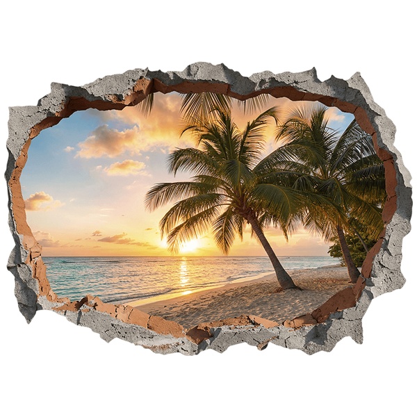 Vinilos Decorativos: Agujero de Muro Atardecer en Playa Tropical con Pa