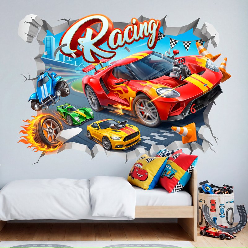 Vinilos Infantiles: Agujero de Muro Coches de Carreras Racing en la Pi