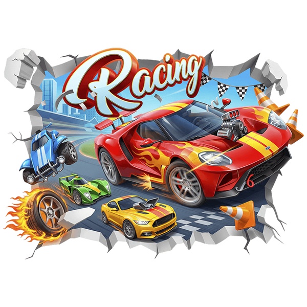 Vinilos Infantiles: Agujero de Muro Coches de Carreras Racing en la Pi